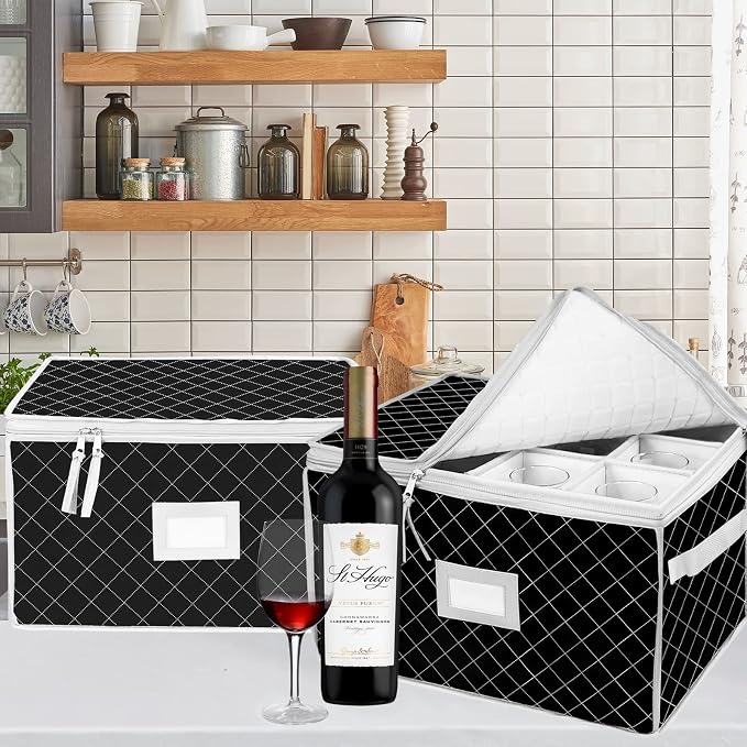 China Storage Containers - Stemware Storage Cases for 12 Wine Champagne Glasses - 2 Pack Crystal Glassware Protector Packing Boxes with Dividers and 2 Handles for Moving (Black) - Image 3