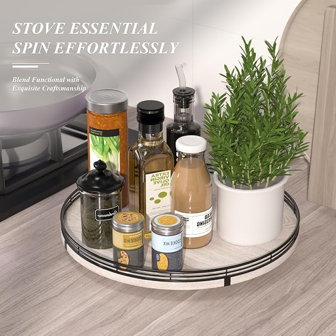 AMH 16-Inch Whitewashed Farmhouse Oak Lazy Susan Organizer | Smooth rotating oak tray with walnut finish for dining tables, kitchen counters, pantries and cabinet storage. - Image 5