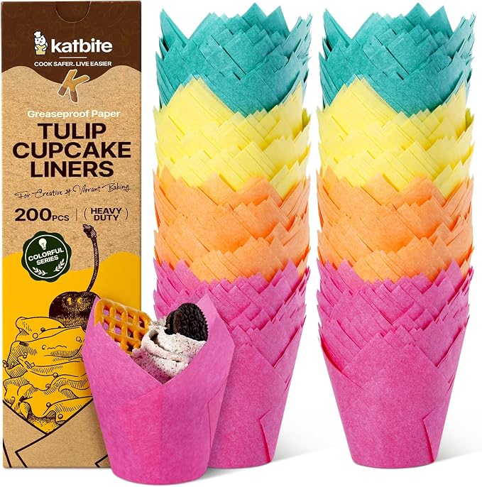 Katbite Tulip Cupcake Liners Holders 200PCS, Muffin Baking Cups | Unbleached Greaseproof Food-Grade PFAS-Free 40 GSM No Fade Thick Bottom Cupcake Wrapper for Party, Wedding, Birthday by katbite