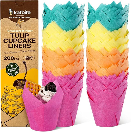Katbite Tulip Cupcake Liners Holders 200PCS, Muffin Baking Cups | Unbleached Greaseproof Food-Grade PFAS-Free 40 GSM No Fade Thick Bottom Cupcake Wrapper for Party, Wedding, Birthday by katbite