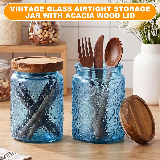 LemonRoad 2 Pcs Vintage Blue Glass Storage Jars 23.7 oz Mason Jar Canister with Wood Lids Food Storage Container for Cookie, Pantry, Candy Kitchen, Coffee, Tea, Flour, Sugar, Decorative Home Decor - Image 4