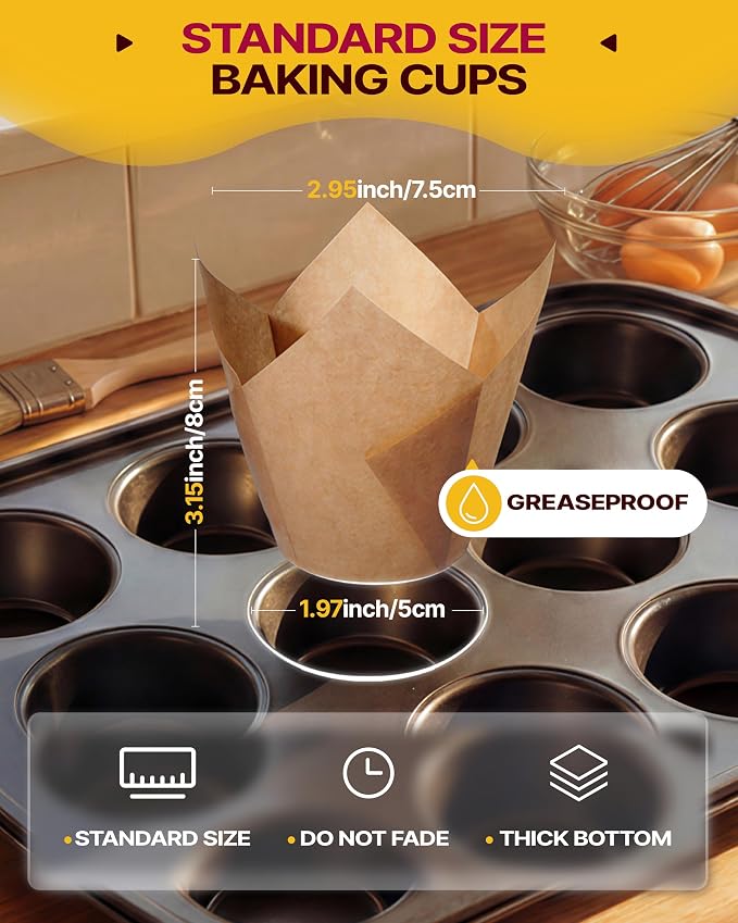 Katbite Tulip Cupcake Liners 200PCS, Standard Size Muffin Baking Cups Brown | Unbleached Greaseproof Food-Grade PFAS-Free 40 GSM ProSmooth Paper, No Fade Thick Bottom Wrappers for Party, Christmas, Gift - Image 3