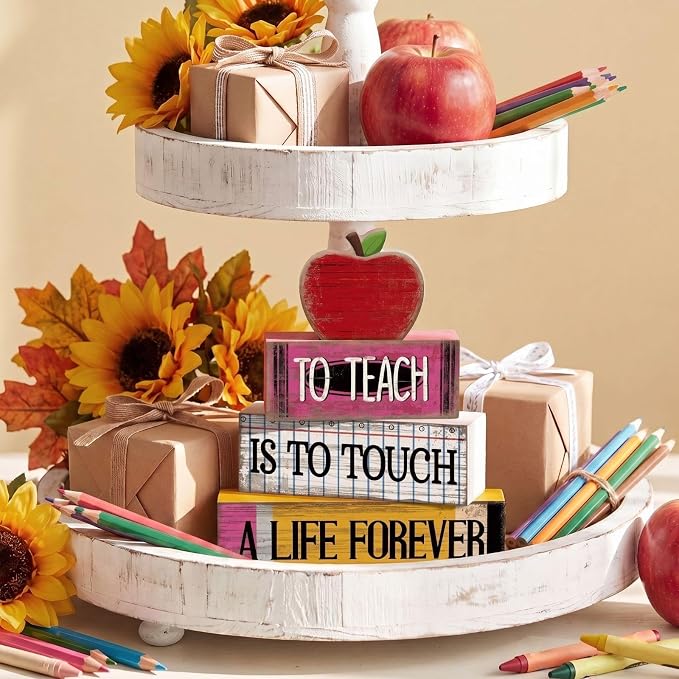 Moucuny 4 Pcs Back to School Table Decorations Retro Red Wooden Apple Decor Back to School Tiered Tray Decor Stacked Blocks Teacher Appreciation Gift Rustic Classroom Pencil Decoration for Office Desk - Image 6