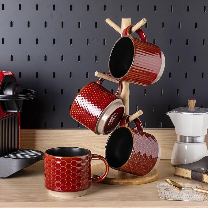 GBhome 15 OZ Stackable Coffee Mugs Set of 4, Ceramic Coffee Cups Set | 4 Assorted Designs, Embossed Mugs with Texture Patterns for Tea/Coffee, Dishwasher&Microwave Safe, Red - Image 7