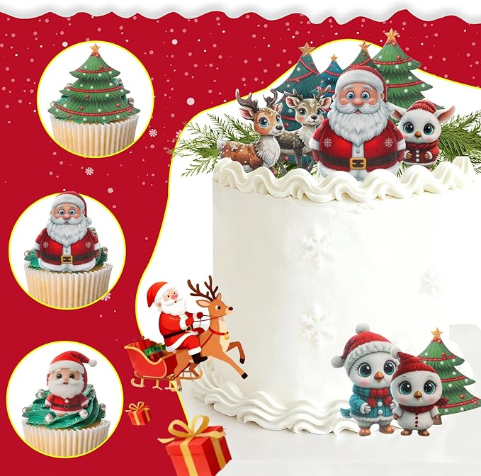 46 PCS Edible Christmas Cake Decorations, Wafer Paper Santa, flowers, bees, maple leaves suitable for Christmas cupcake decoration mix - Image 6
