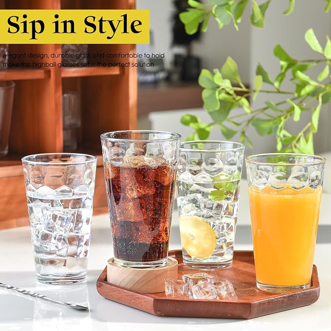 ALINK 16 oz Drinking Glasses, Set of 6 Highball Glass Cups Bar Glasses, Clear Heavy Base Stemmed Water Glasses for Beer, Iced Coffee Cups, Cocktail Glasses, Wine, Iced Tea, Dishwasher Safe - Image 3