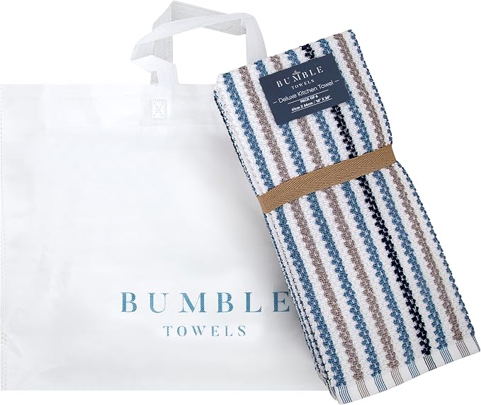 Bumble Kitchen Towels 6 Pack 100% Cotton 16"x26" - Blue Wide Stripe | 430 GSM Soft Kitchen Hand Towels with Hanging Loop, Highly Absorbent & Durable for Washing and Drying Dishes - Image 6