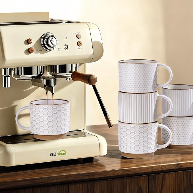 GBHOME 12OZ Stackable Coffee Mugs, Ceramic Coffee Mugs with Texture Patterns for Man,Woman,Dad,Mom, Modern Coffee Mugs Set of 4 for Latte/Cappuccino/Cocoa. Dishwasher&Microwave Safe, Off White | 4 Assorted Designs, Embossed Mugs with Texture Patterns f... - Image 6