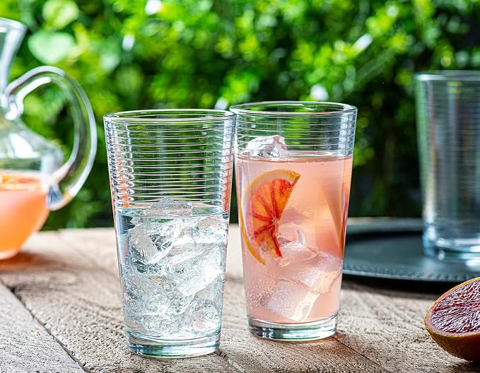 Le'raze Set of 16 Heavy Base Ribbed Durable Drinking Glasses Includes 8 Cooler Glasses (17oz) and 8 Rocks Glasses (13oz), Clear Glass Cups - Elegant Glassware Set - Image 3