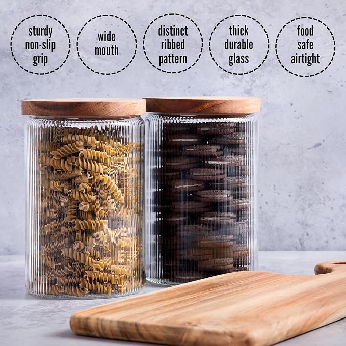 Mason & Fable Ribbed Glass Jar with Wooden Lid 70fl.oz- Set of 2 | Airtight Fluted Storage Container for Cookies, Pasta, Coffee, Dog Treats, Snacks | Organization Canisters for Home & Kitchen - Image 2