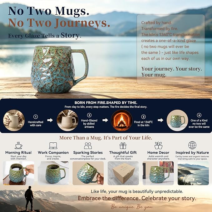 18oz Unique Kiln-Change Ceramic Coffee Mug, Handcrafted Hammered Texture Ceramic Mug with Ergonomic Handle, Microwave & Dishwasher Safe, Gift for Coffee Lovers, Home Office Daily Use (Green & Blue) - Image 4