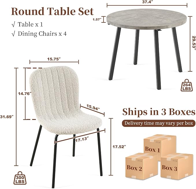 5-Pieces 37.4" Round Dining Table Set for 4,Mid Century Modern Small Coffee Table, Engineered Wood Table and Chairs Set of 4 for Kitchen, Dining Room, Office(1 Table + 4 White Boucle Chairs) - Image 3