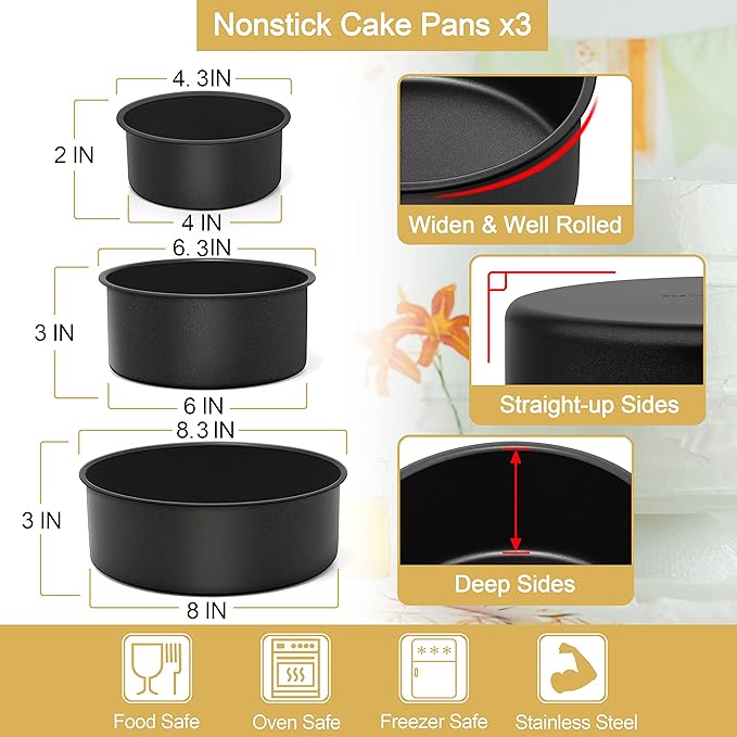 E-far Deep Cake Pan Set of 3 (4/6/8 Inch), Nonstick Stainless Steel Round Cake Pans Tins for Baking Layer Wedding Cakes, Stainless Steel Core & Nontoxic Coating, Deep & Straight Side - Image 4