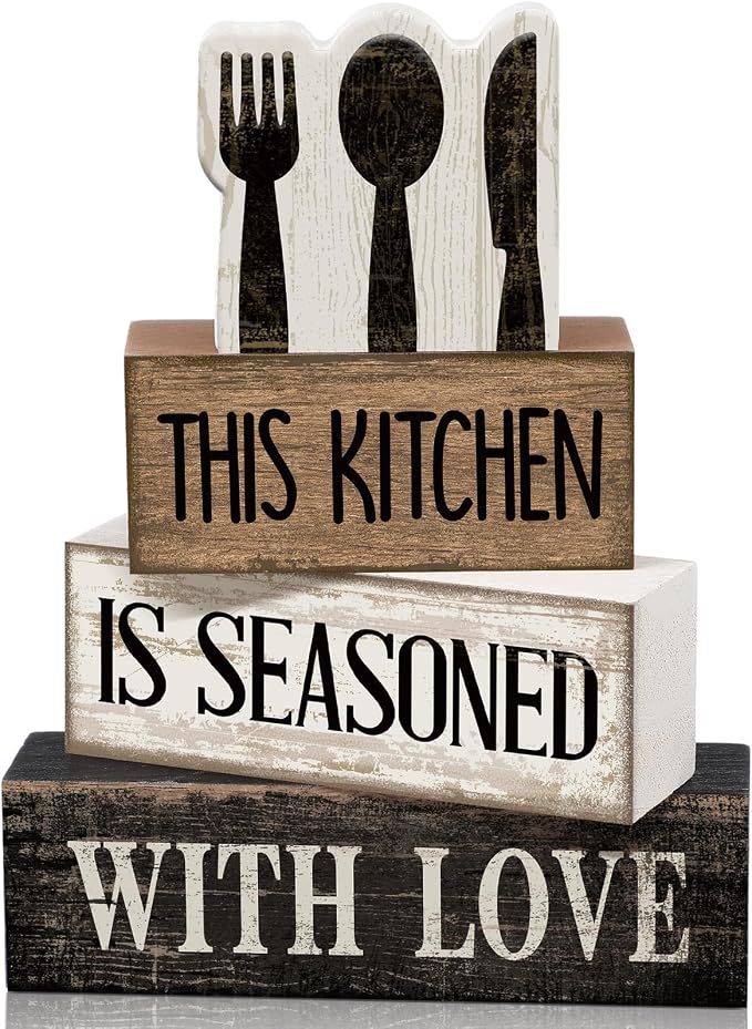 Moucuny 4 Pcs Farmhouse Kitchen Decor Rustic Spoon Fork Knife Wooden Stacked Block Decor Farmhouse Kitchen Table Centerpiece Rules Sign for Dining Room Cabinet Countertop Shelf Decoration by Moucuny
