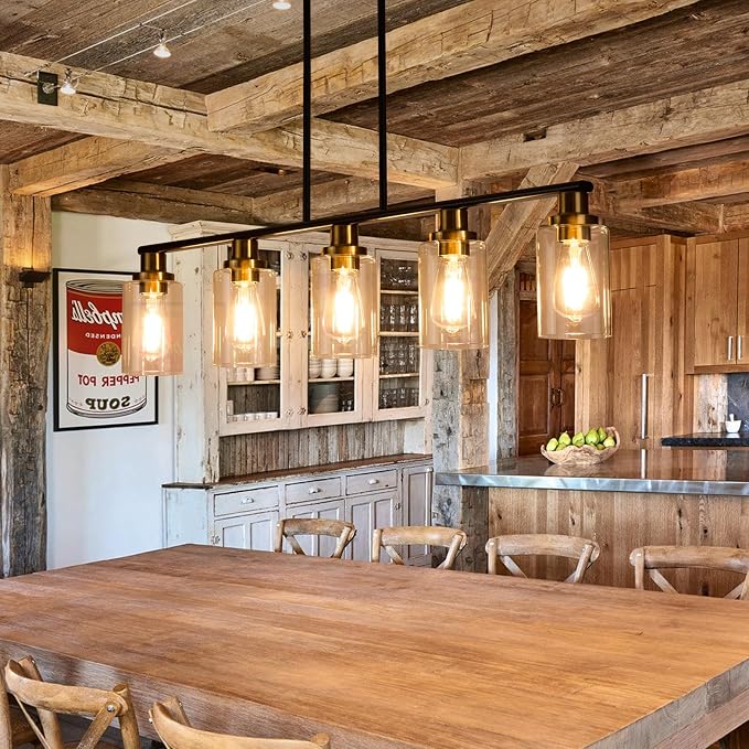Dining Room Light Fixture,5-Light Farmhouse Linear Chandeliers for Dining Room Over Table，Matte Black and Gold Finish Kitchen Island Pendant Lighting for Kitchen Island，Pool Table Light - Image 3
