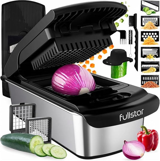 Fullstar Pro Original Vegetable Chopper & Mandoline Slicer Kitchen Gadget | 8 in 1 Veggie Slicer, Onion & Fruit Cutter with Sharp Stainless Steel Blades & Container (Stainless Steel) by fullstar