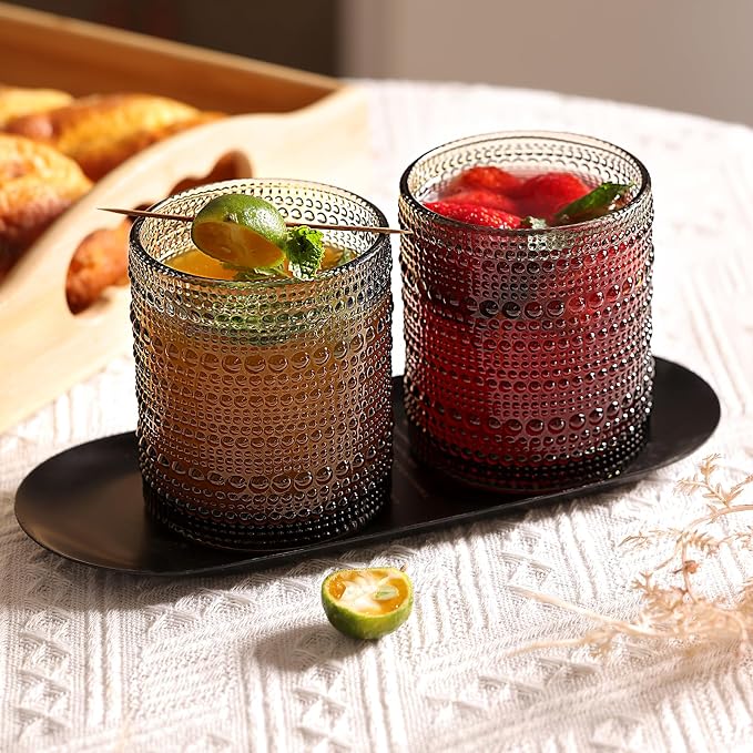 Moretoes 12 Pack 10 Oz Gray Hobnail Drinking Glasses Set | Cocktail Glasses Vintage Glassware, Textured Glass Cups Bubble Glasses Water Glasses Old Fashion Jupiter Glasses Set - Image 5