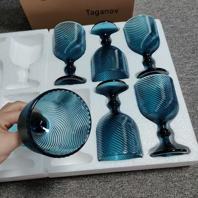 Taganov Blue Water Goblets Glassware Vintage Wine Glasses set of 6 Stem Glasses Drinking Stemware 12 Ounces for Wedding Party Bar Twill pattern 350 ml - Image 4