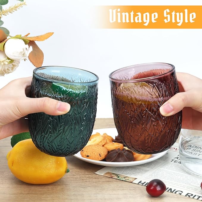 Topsky Vintage Colored Glassware Set of 6,12 oz Green Willow Leaf Drinking Glasses Set,Blue Drinkware Glasses for Wine,Cocktail,juice,Heavy Duty Glass Cups - Image 5