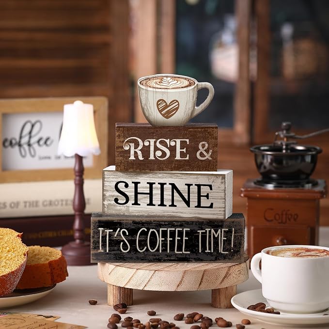 Moucuny 4 Pcs Farmhouse Coffee Bar Sign Decor Wooden Cup Rise & Shine It's Coffee Time Rustic Wood Cafe Sign Gift for Home Kitchen Tabletop Decor - Image 2