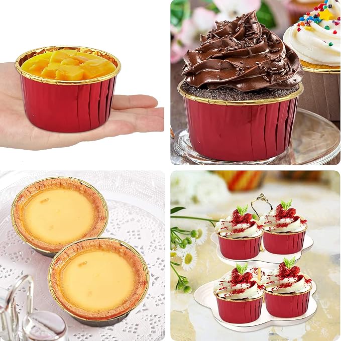 Cupcake Liners with Dome Lids 100 Pack,LNYZQUS 5.5Oz Foil Baking Cups Muffin Tin,Large Cupcake Wrappers Souffle Pudding Ramekin Holders for Christmas Wedding Birthday Party,with Spoons-Red in Gold - Image 6