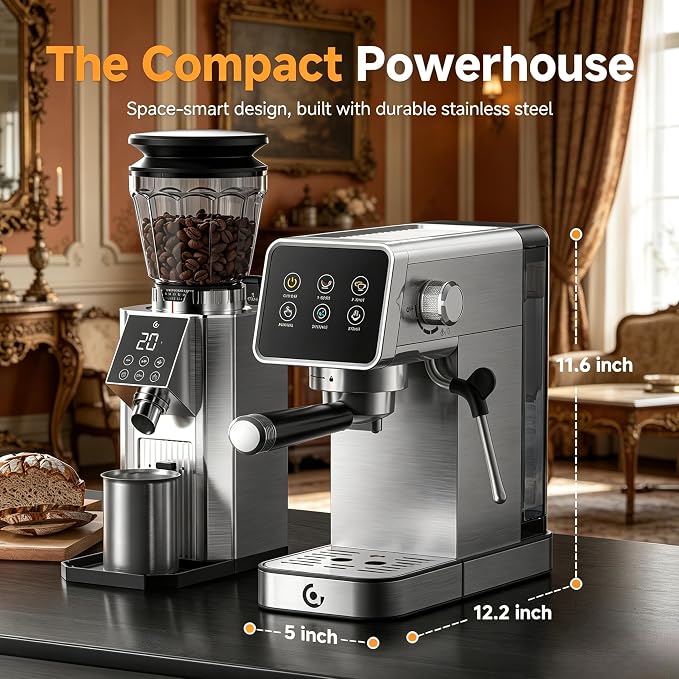 AMZCHEF 20 Bar Home Espresso Coffee Machine | LED Touchscreen, Built-in Milk Frother, Self-Cleaning Function, Makes Latte & Cappuccino, Ideal Coffee Starter Machine - Image 2