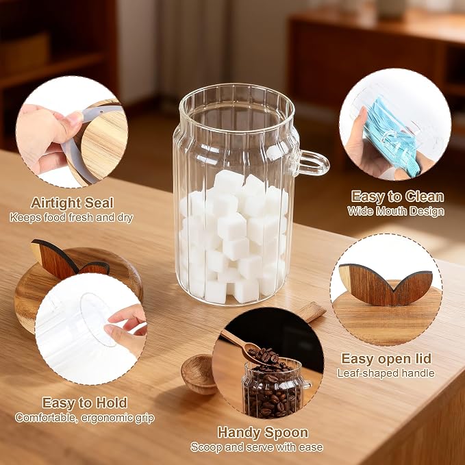 holoith 2 Pack Sugar Bowl Sugar Container 27oz Glass Jars with Bamboo Lid and Spoon, Airtight Food Storage Jar for Coffee Bar, Kitchen Canisters for Coffee Beans, Spice, Brown Sugars, Nuts, Candy | Airtight Food Storage Jar for Coffee Bar, Kitchen Cani... - Image 4