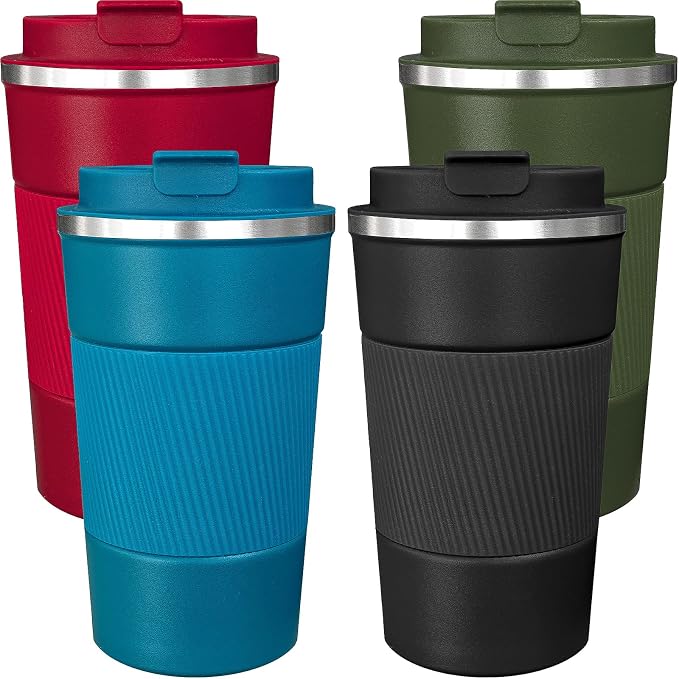 4 Pack Insulated Coffee Mug with Lid 17oz Travel Coffee Tumbler Stainless Steel Reusable Coffee Cups Thermal Coffee Mug for Hot and Iced Cold Drinks, Multicolor by Unknown