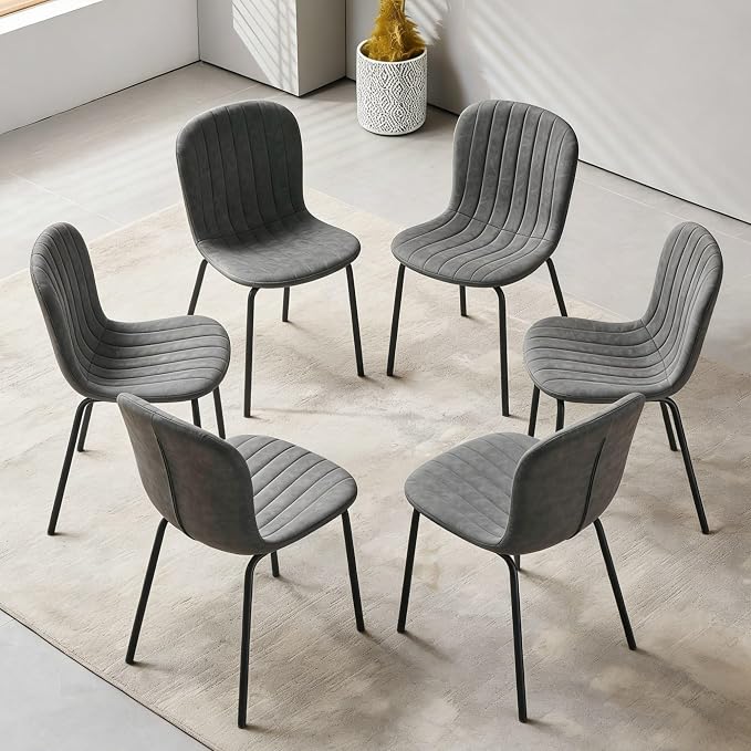 Small Dining Chairs Set of 6, Modern Mid Century Faux Leather Dining Room Chairs with Black Metal Legs, Kitchen Home Living Room Restaurant Apartment, Space-Saving, Dark Grey - Image 6