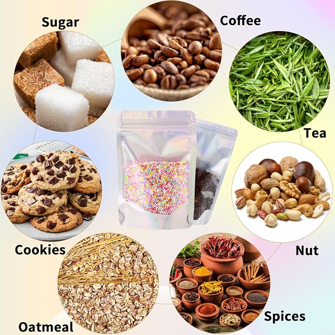 150 Pcs Mylar Bags for Food Storage, 6x9 Mylar Bag with Window Stand Up, Bulk Holographic Resealable Bags Smell Proof Bag Food Packaging for Small Business Freeze Dried Candy Jewelry Foil Packaging - Image 4