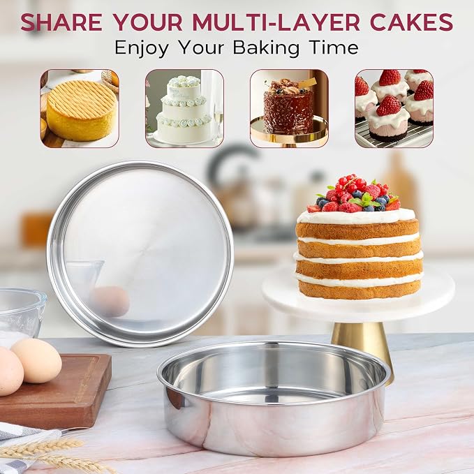Onader 8 Inch Round Cake Pan, Stainless Steel Baking Pan Set of 3, Birthday Wedding Cake Tin - Image 5
