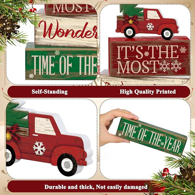 Moucuny 4 Pcs Christmas Decor Wooden Red Truck Winter Tiered Tray Decor Rustic Merry Christmas Table Centerpiece Wood Red Truck Block Sign Gift Farmhouse for Home Kitchen Tabletop Office Shelf - Image 5