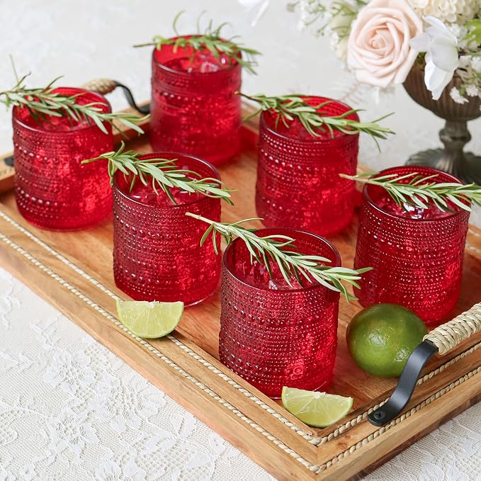 Kate Aspen Retro Arch Floral Red Drinking Glasses Set of 6, 10 oz Vintage Ribbed Glass Cups, Christmas Glassware & Holiday Drinkware, Valentine’s Day & Holiday Hostess Gift by KateAspen