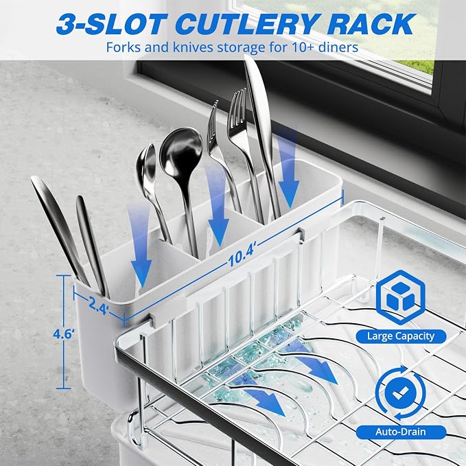 Godboat 2-Tier Dish Drying Rack - 304 Stainless Steel Dish Rack Auto Drain | Dish Racks for Kitchen Counter, Dish Drainer with Knife Fork & Cup Rack, Gifts for Women, Mothers Day, Kitchen Gadget, Silver - Image 5