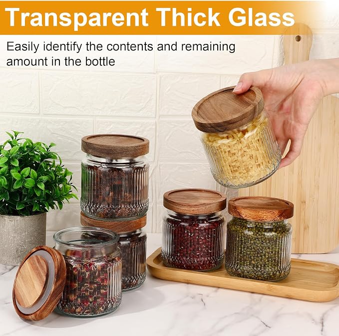 6 Pcs 500ml/17 oz Vintage Glass Storage Jar Glass Containers with Wood Lid Ribbed Pattern Airtight Kitchen Spice Containers for Pantry, Coffee Bean, Grains, Tea, Sugar, Flour, Candy, Oats - Image 4