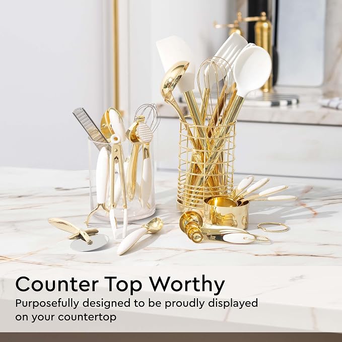 Styled Settings White and Gold Kitchen Utensils Set, 23-Piece | Stainless Steel, Gold Kitchen Accessories Include Measuring Cups, Silicone Utensils, Utensil Holder -Gold Kitchen Accessories - Image 9