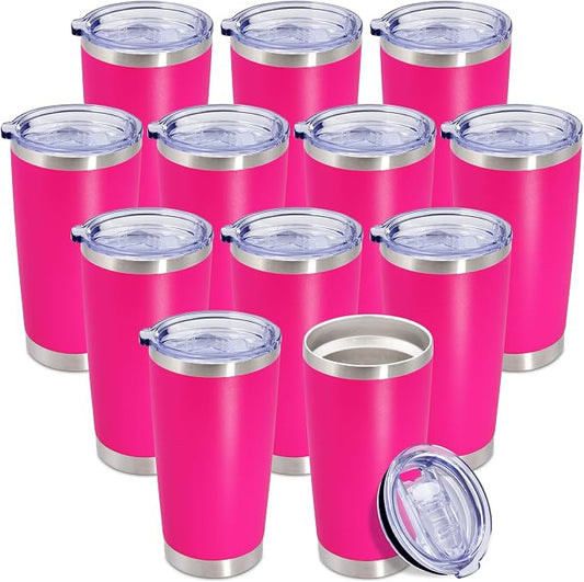 20oz Tumbler Insulated Coffee Tumblers with Lid Stainless Steel HotPink 12P | 20 oz Tumblers Double Wall Insulated Vacuum 20oz Coffee Mug Leak Proof Tumblers with Lid Powder Coated - Hot Pink 12 Pack by AEPDTD