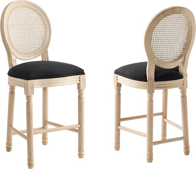French Country Barstool, Linen Farmhouse Counter Height Chair | Set of 2, with Rattan Round Back and Solid Wood Legs, Oval Chairs for Restaurant, Bar, Kitchen, Café, Black by RCDDFurniture