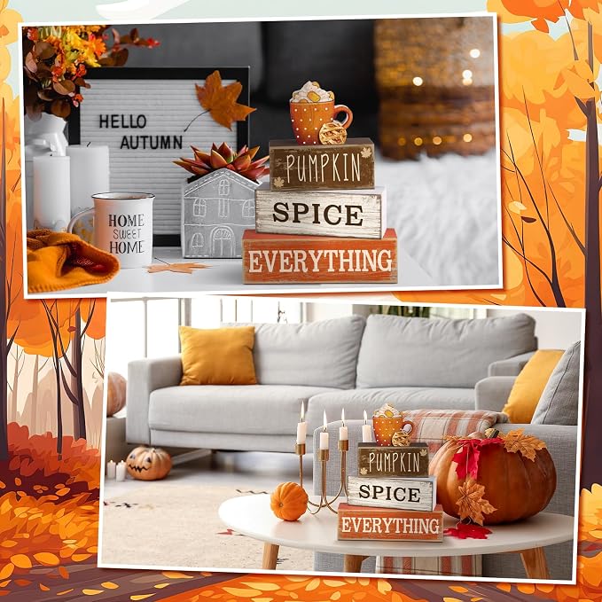 Moucuny 4 Pcs Thanksgiving Decorations for Home Fall Cup Decor Thanksgiving Table Centerpiece Fall Tiered Tray Decor Rustic Wooden Cup Block Sign Gift Farmhouse for Harvest Party Home Kitchen - Image 5