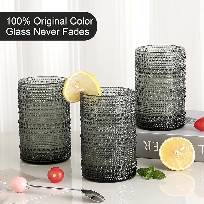 ZMOWIPDL Drinking Glasses Set of 6,15 oz Grey Hobnail Glass Cups | Vintage Glassware，Embossed Water Tumbler,for Beer,Cocktail,Whiskey,Juice and Various Mixed Drinks- 1 Cleaning Brush - Image 3