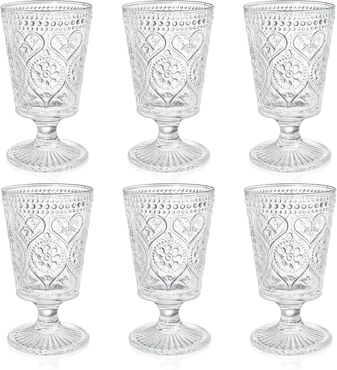 ZAVOOS Set of 6 Clear Glass Goblet, 12 Oz Vintage Romantic Wine Glasses | Embossed Floral Glass Cups Set, Bar Tumbler Drinking Glassware for Iced Tea, Wine, Beer, Juice, Cocktail, Whiskey by YouroasisForallofusCreatingsharedcomfortforeveryhome