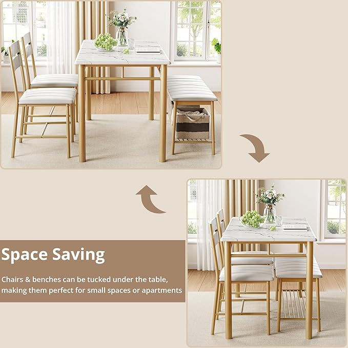 IRONCK Dining Table Set for 4, Kitchen Table and Chairs Set, White & Gold | Kitchen Table with Upholstered Bench and 2 Chairs for Small Space, Apartment - Image 6