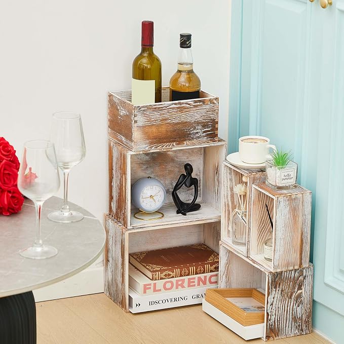 Set of 6 Farmhouse Wooden Crate Antique Wood Crates for Pantry Decor Organizer Storage Rustic Wooden Crates for Display Decorative Solid Wooden Storage Box for Book Storage Organizing - Image 6