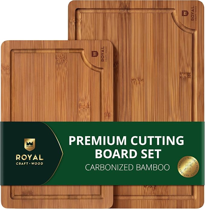 ROYAL CRAFT WOOD Wooden Cutting Boards for Kitchen Meal Prep & Serving - Bamboo Non Toxic Cutting Board Set with Deep Juice Groove Side Handles - Charcuterie & Chopping Butcher Block for Meat (2 Pcs) by ROYALCRAFTWOOD
