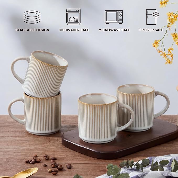 E-far Coffee Mugs Set of 4, 12 oz Stoneware Coffee Cups with Handle for Latte, Tea, Cocoa, Milk, Modern Ribbed Ceramic Mugs for Man Woman, Microwave & Dishwasher Safe, Creamy Beige - Image 8
