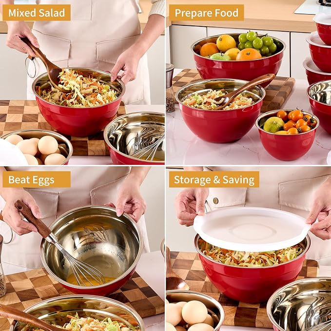 Red Mixing Bowls with Airtight Lids, Stainless Steel Nesting Mixing Bowls Set of 7, Ideal for Baking, Prepping and Serving Food, Size 7, 3.6, 2.7, 2.1, 1.5, 1.1,0.8 QT, Stackable Design - Image 4