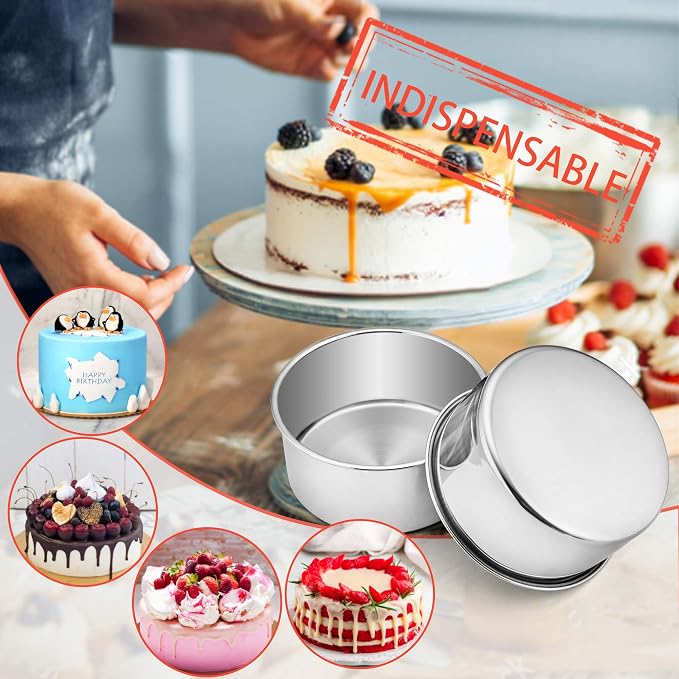 E-far Cake Pans Set of 3, 6 x 3 Inch Stainless Steel Round Cake Baking Pans Tins for Wedding Birthday, Deep Side & Non-toxic, Oven & Dishwasher Safe, Mirror Finish & Straight Side - Image 6