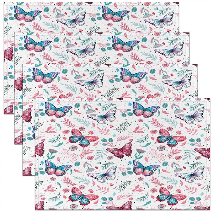 Feelyou Butterfly Table Place Mats, 18"x12" Girl Butterfly Floral Placemats Set of 4 for Beautiful Butterfly Placemat for Kitchen Dining Table Decor Indoor Outdoor Floral Botanical by Feelyou
