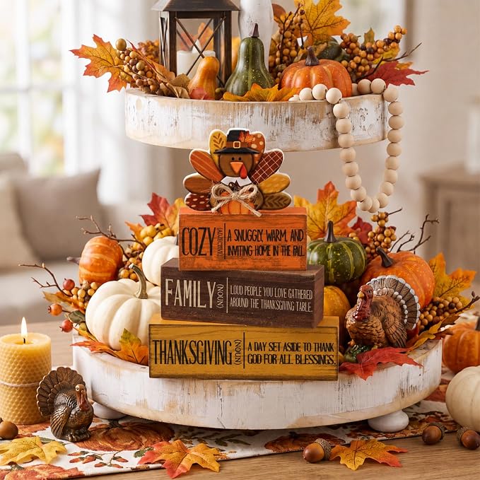 Moucuny 4 Pcs Fall Decorations for Home Wooden Turkey Decor Thanksgiving Tiered Tray Decor Thanksgiving Table Centerpiece Rustic Wooden Pumpkin Turkey Block Sign for Autumn Harvest Party Kitchen Shelf - Image 3