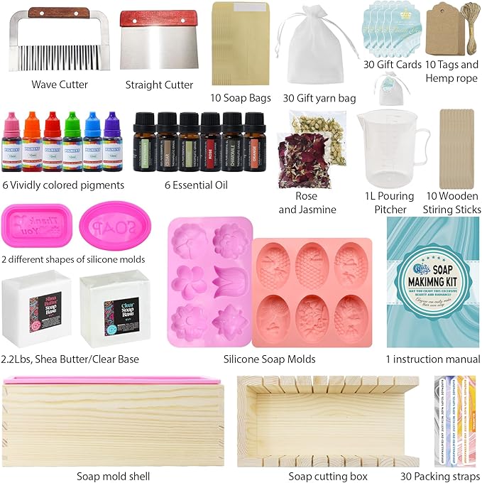 WhizToys Soap Making Kit Supplies, Crafts Kits for Adults and Kids, DIY Beginners Kit Containing Silicone Mold, Soap Cutter and Shea Butter Base, Fragrances and Gifts Cards
